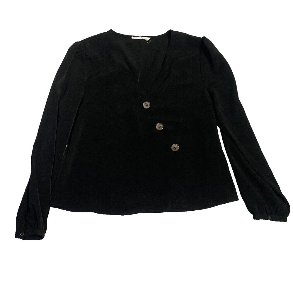 Elodie Long Sleeve Crop Blouse Black L V Neck Button Front Polyester Top